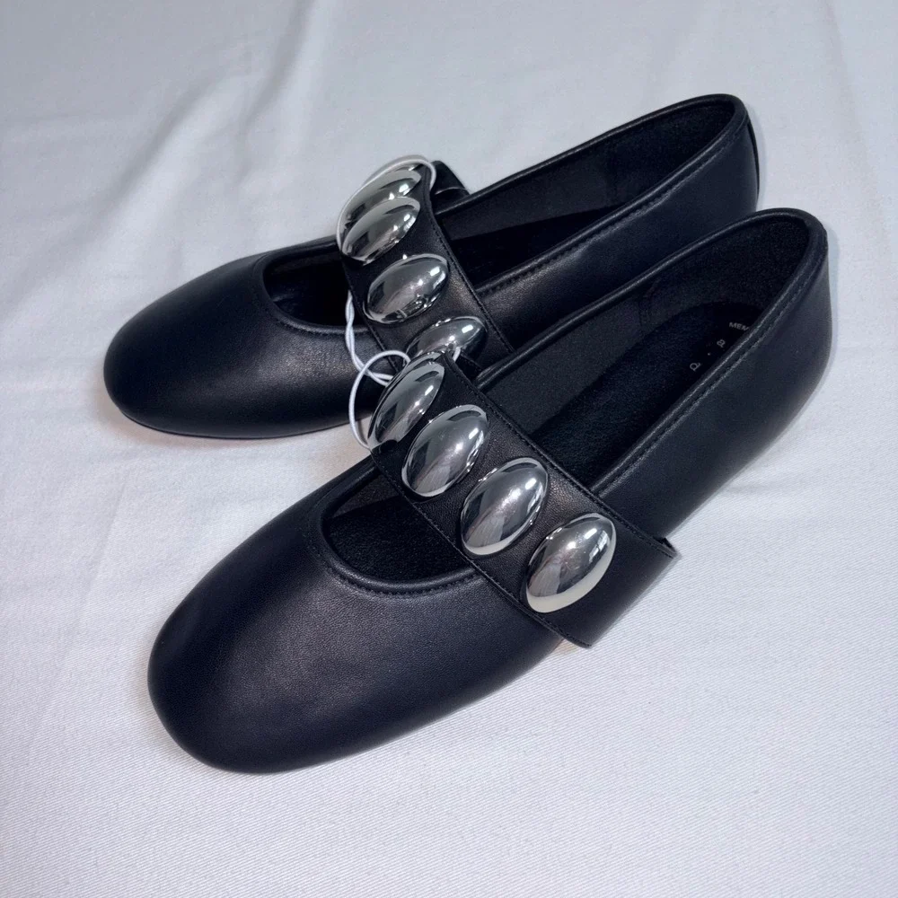 A New Day Mary Jane Flats 9.5 Black New Silver Studded Memory Foam Round Toe